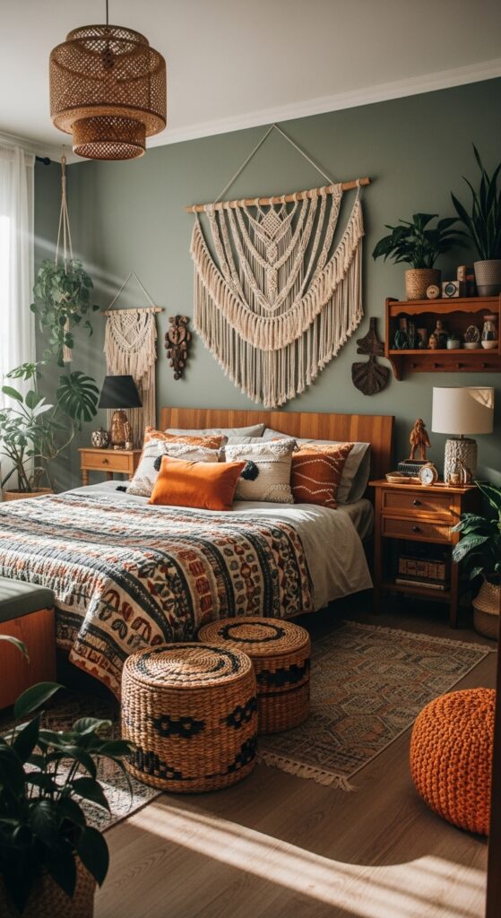 Eclectic Decor in a Cozy Sage Green Boho Style Bedroom