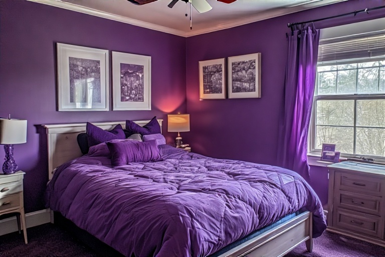 Framed Art Prints In Purple Bedroom