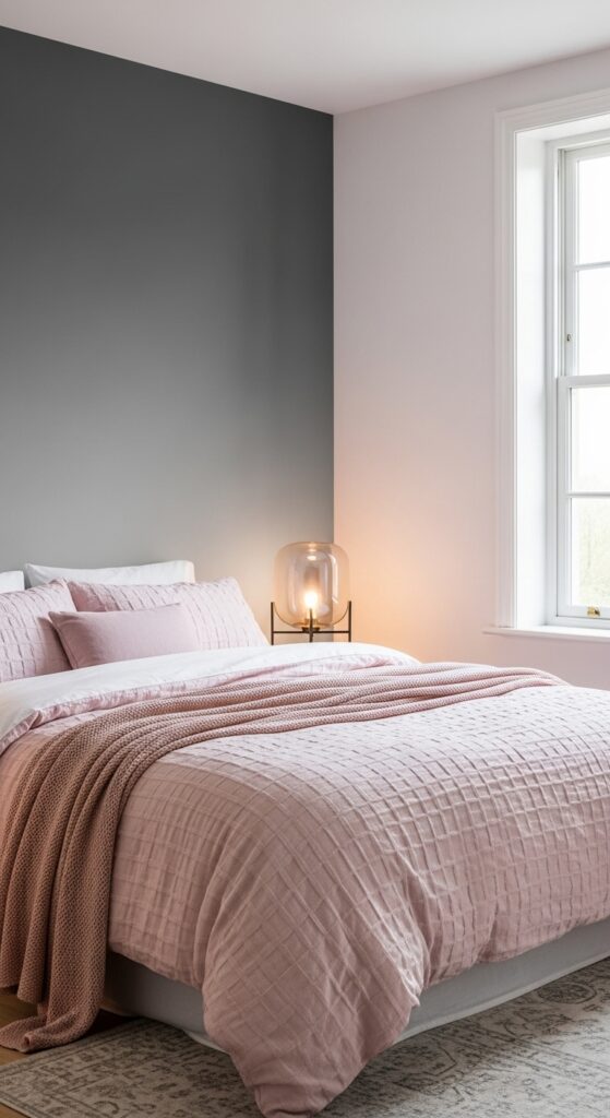 Grey Ombre Wall and Soft Pink Bedroom