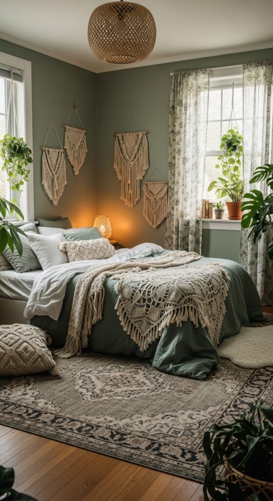 Layered Textures Sage Green Boho Style Bedroom