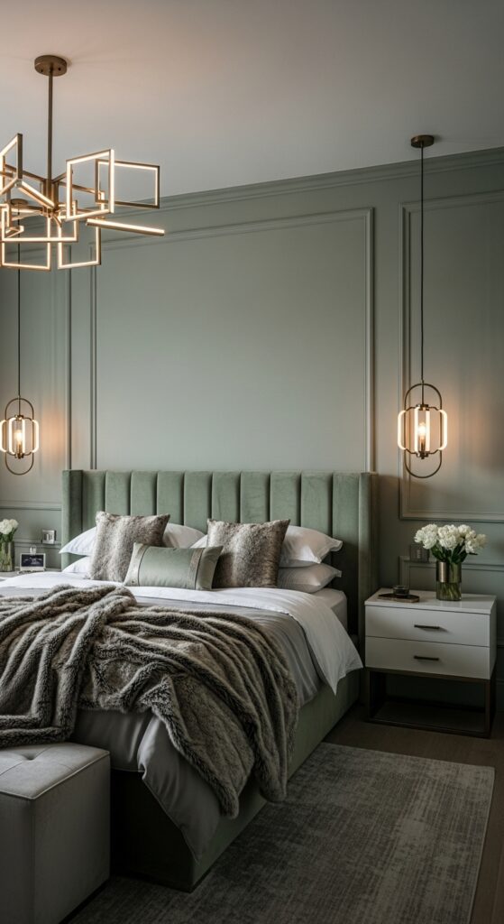 Luxury Sage Green Bedroom Statement Lighting Modern Touches