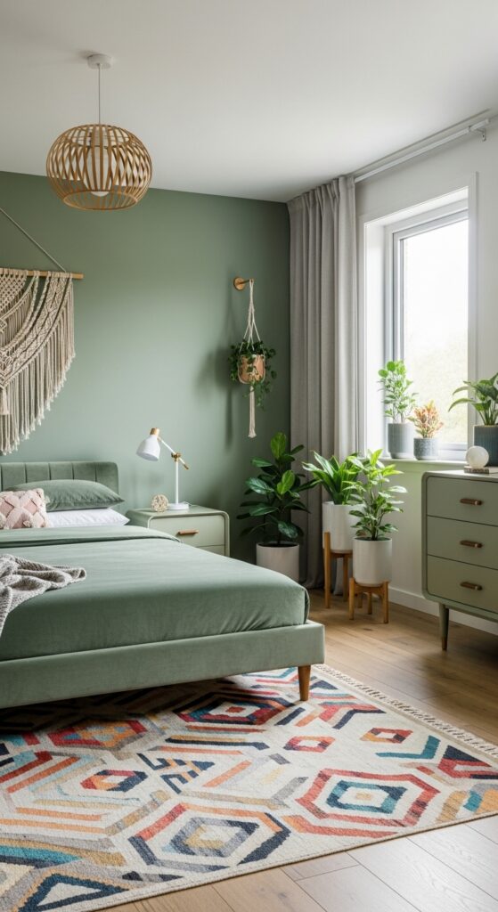 Sage Green Boho Style Bedroom & Light Wood Accents
