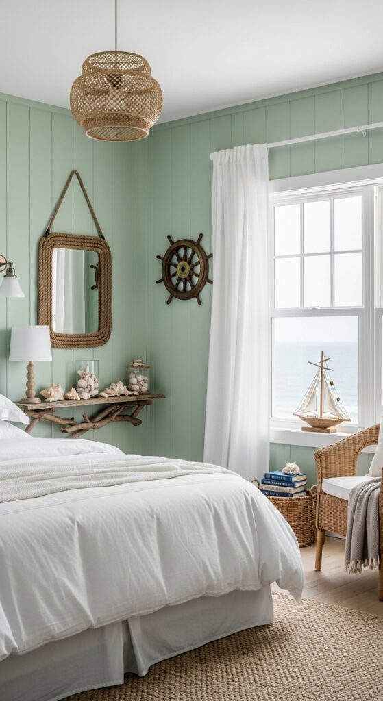 Nautical Accents in Sage Green Coastal Bedroom
