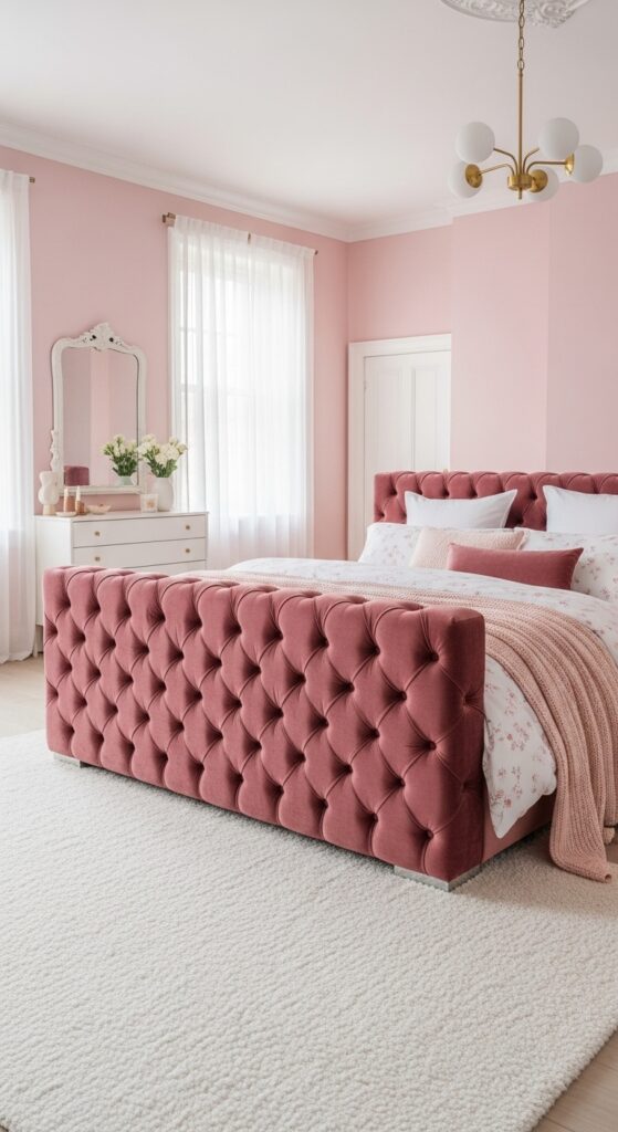 Pink Bedroom Featuring Velvet Headboard