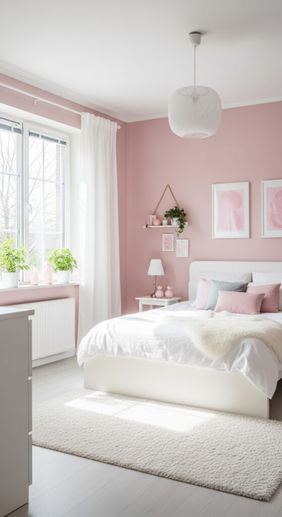 Pink Bedroom Featuring White Scandinavian
