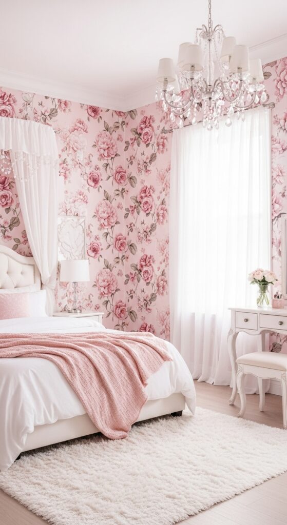 Pink Bedroom With Blush Floral Wallpaper