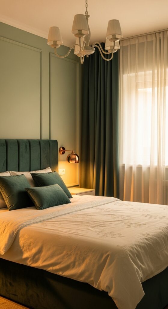 8. Romantic Sage Green Bedroom Soft Lighting and Velvet Touches