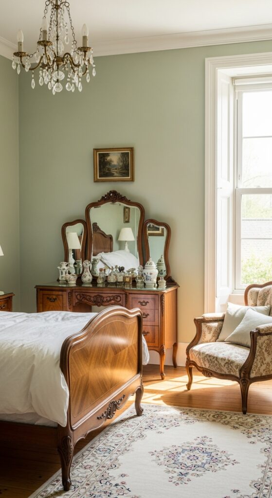 Sage Green Bedroom Featuring Vintage Furniture