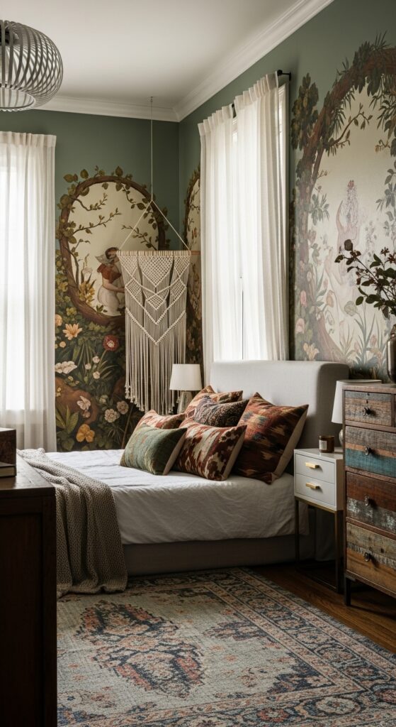 Textured and Chic Sage Green Boho Style Bedroom