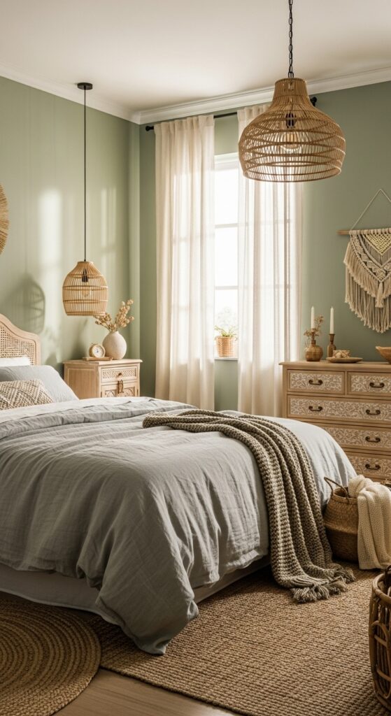 Sage Green Boho Style Bedroom Featuring Artistic Murals