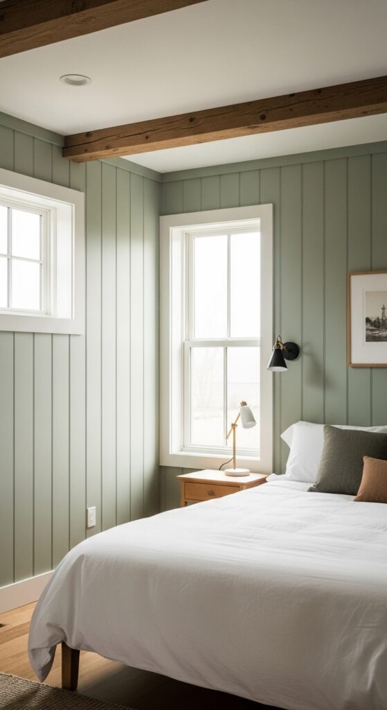 Shiplap Walls Present in Sage Green Farmhouse Bedroom