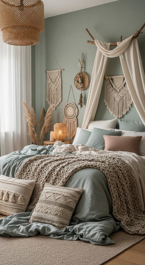Soft Fabrics Sage Green Boho Style Bedroom