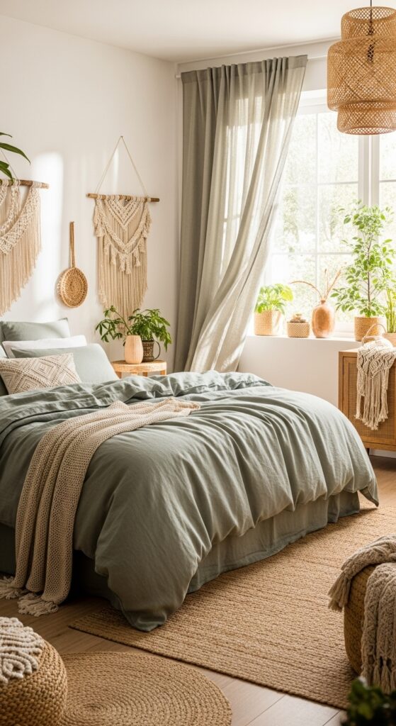 Soft Linen Bedding A Sage Green Boho Style Bedroom
