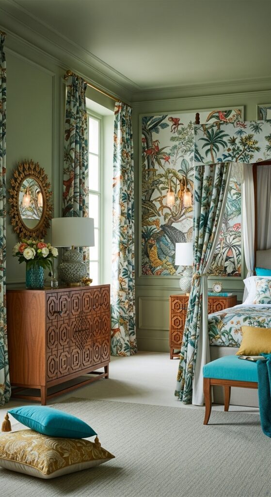 Tropical Sage Green Bedroom Featuring Exotic Decor