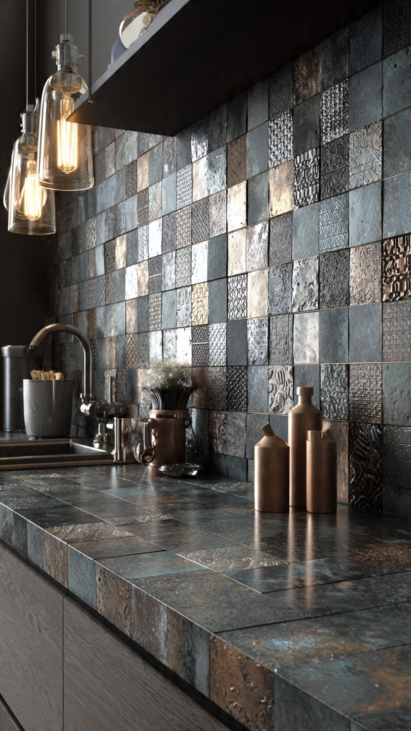 mosaic metal tiles for modern industrial kitchens