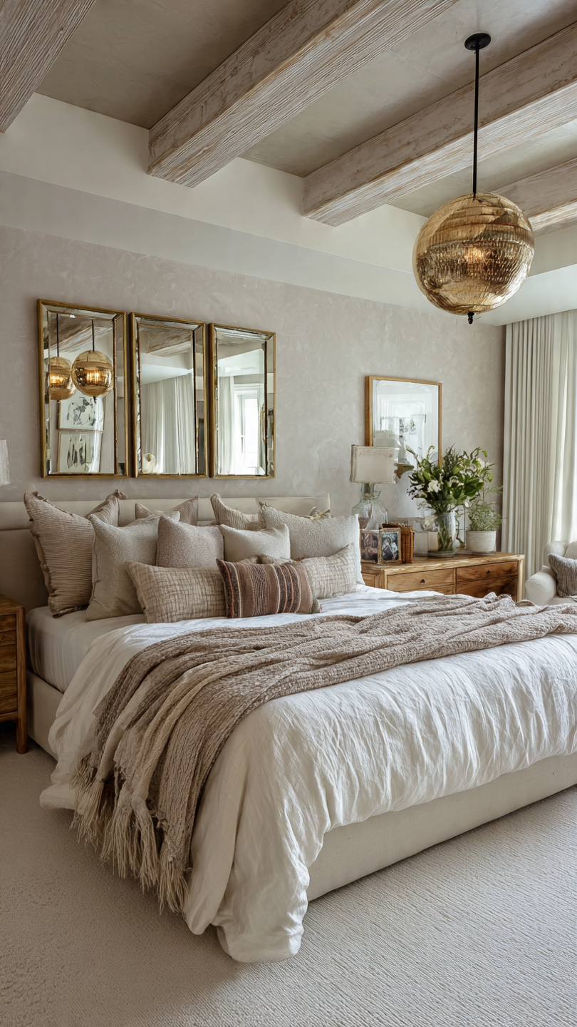 neutral bedroom with mirrors