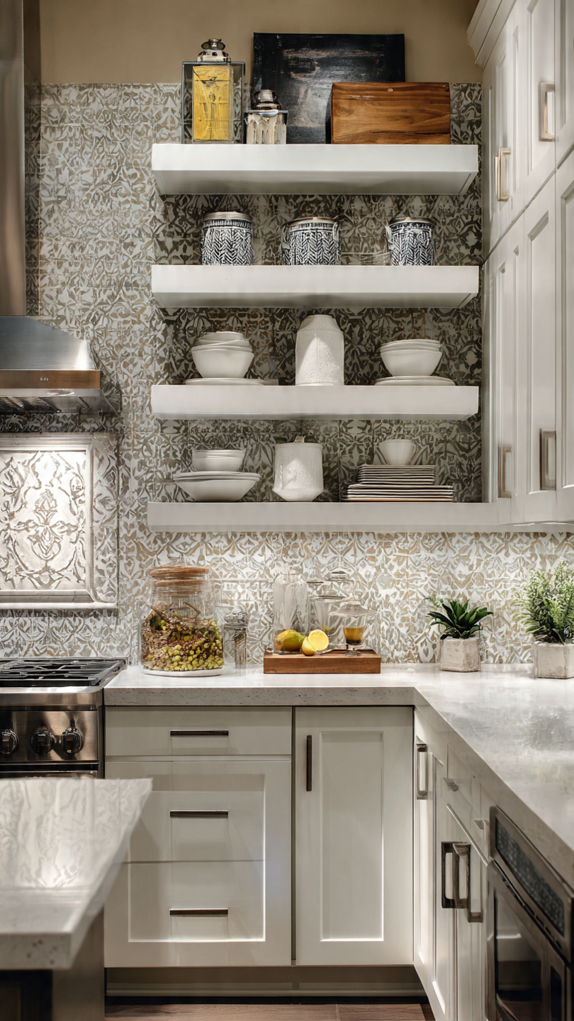 open shelving with backsplash accents for kitchen