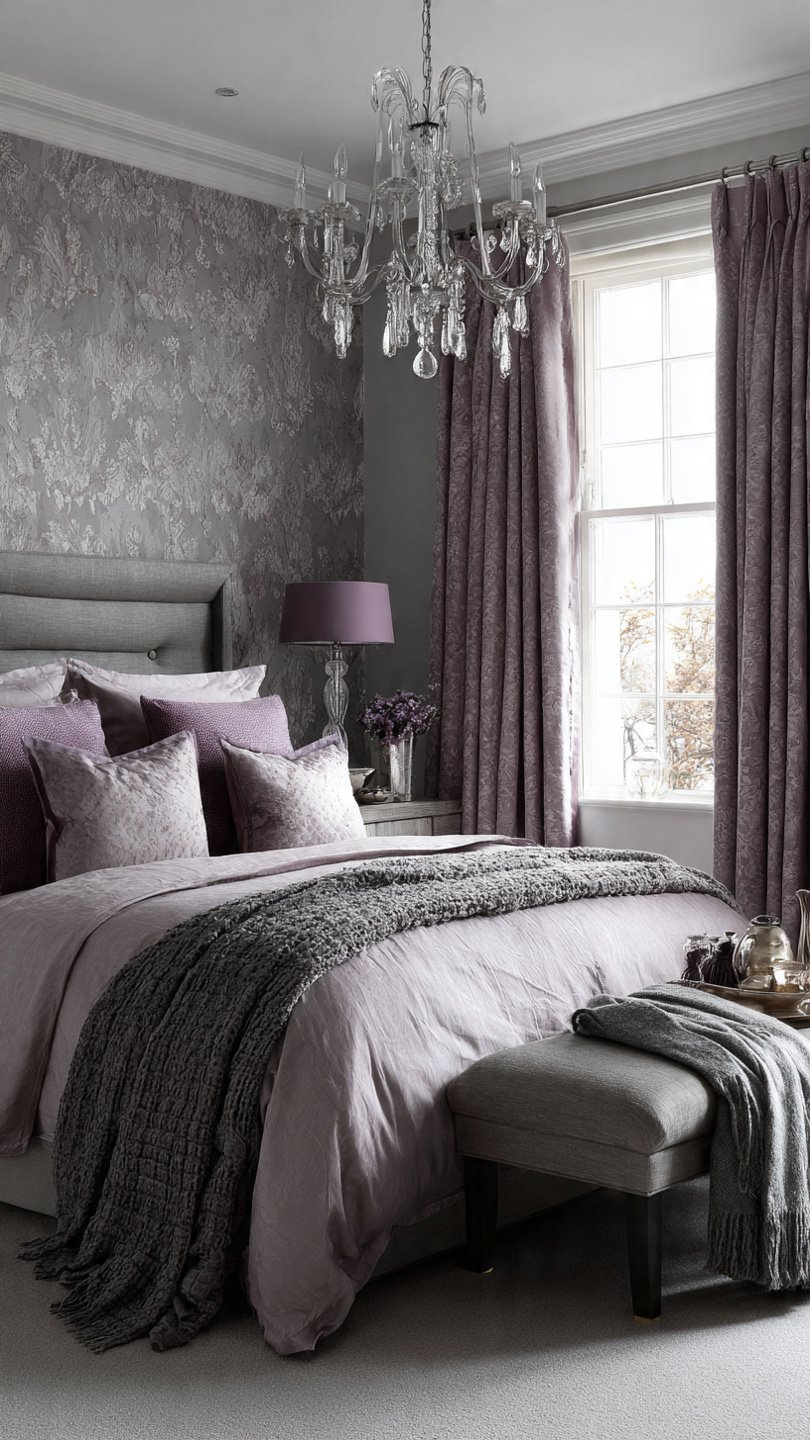 dusty lavender and slate grey bedroom