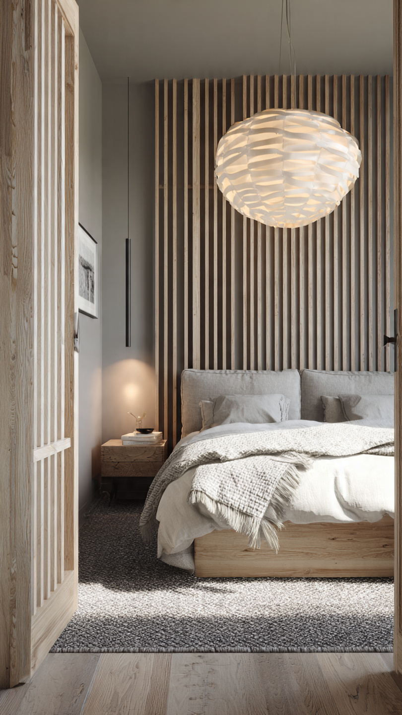 light oak scandi style slats couple bedroom