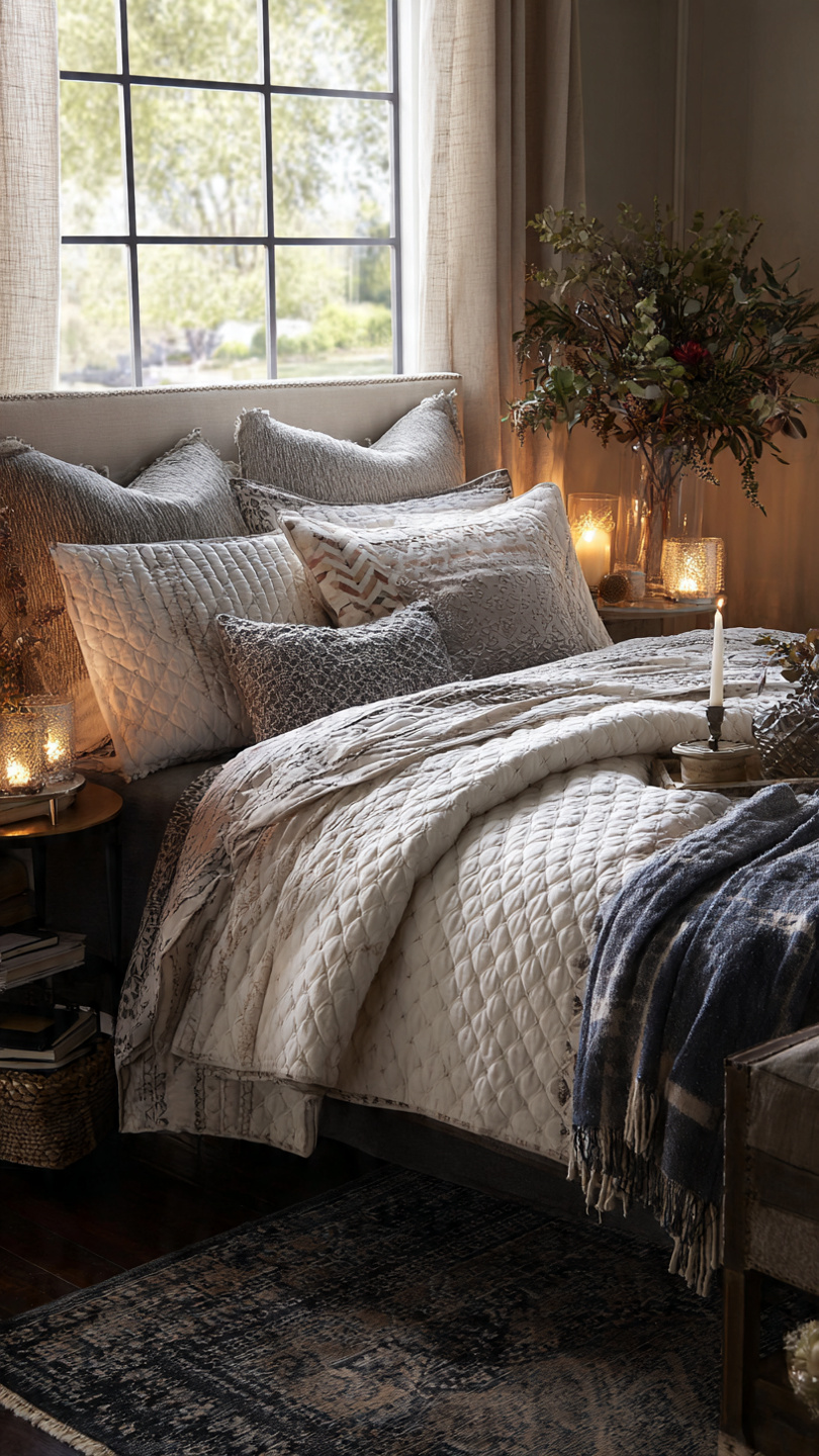 quilted coverlets layered cozy couple bedroom