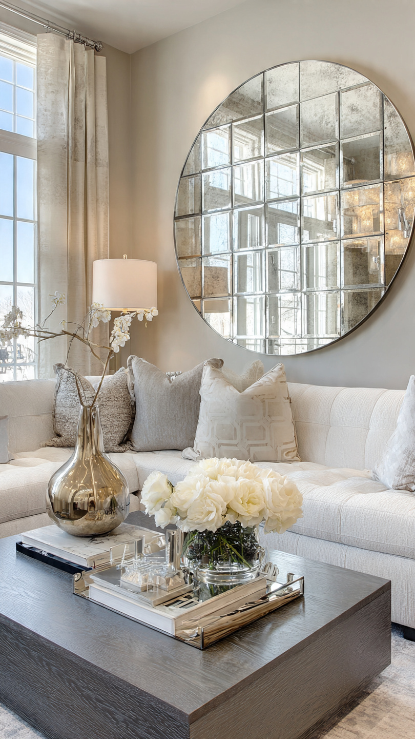 statement mirrors with transitional style wall art