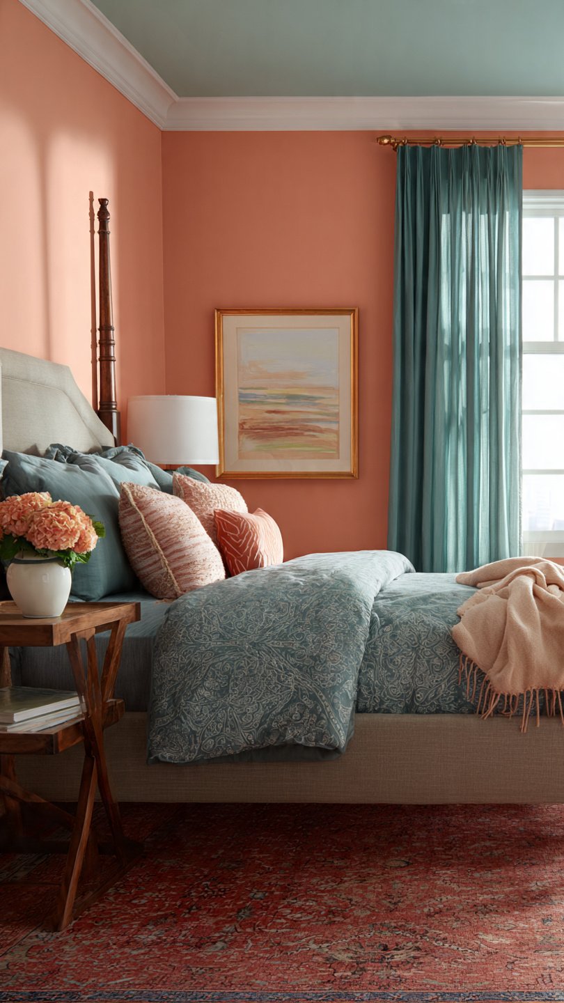 sunset peach and cool teal bedroom