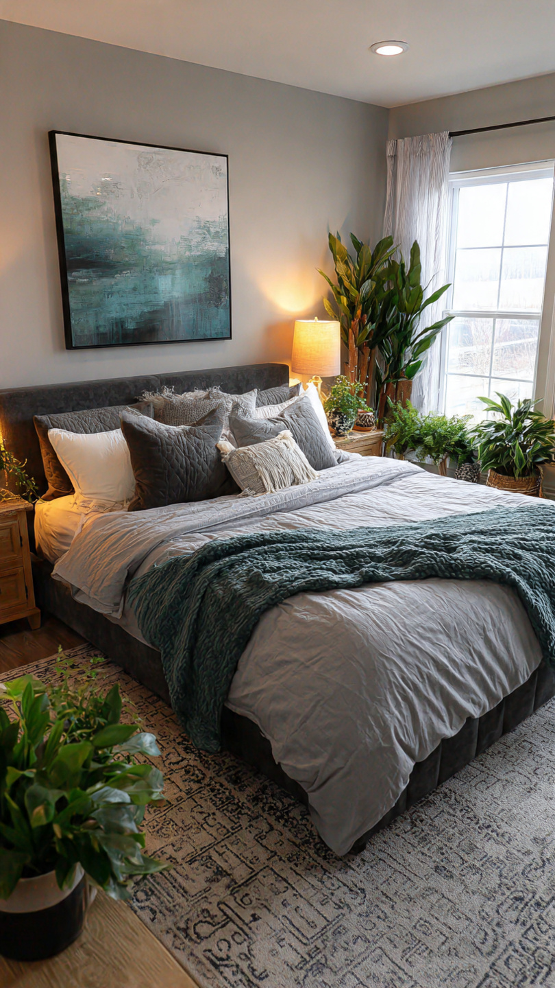 teal and grey couple bedroom with plants